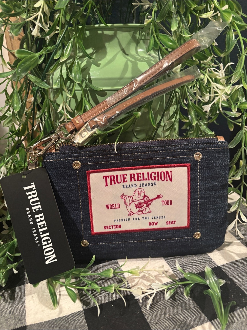 True Religion Indigo Denim Wristlet with Red Logo Patch and Tan Strap